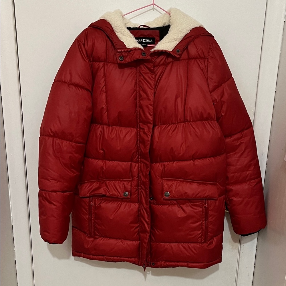 Women’s Red Puffer Winter Coat with Faux-Fur Hood - Size Medium